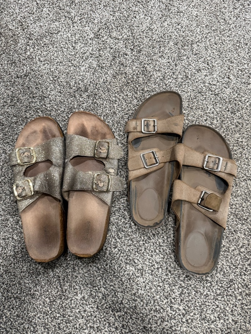 Woman’s Double-Buckle Slide Sandals in Metallic Bronze and Taupe